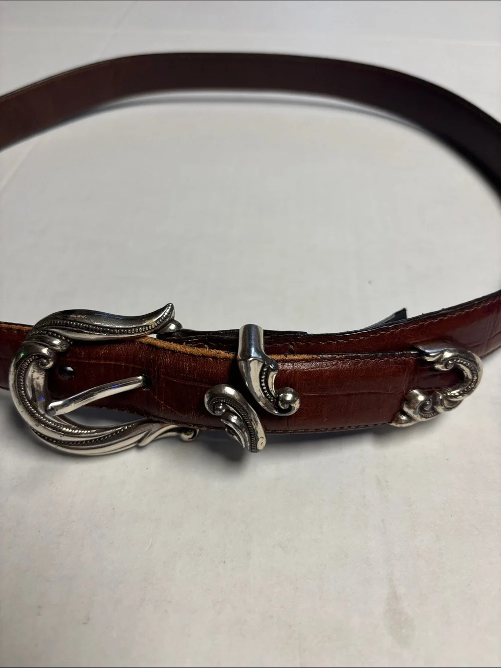 Vintage Brighton Brown Leather Belt with Decorative Silver-Tone Buckle